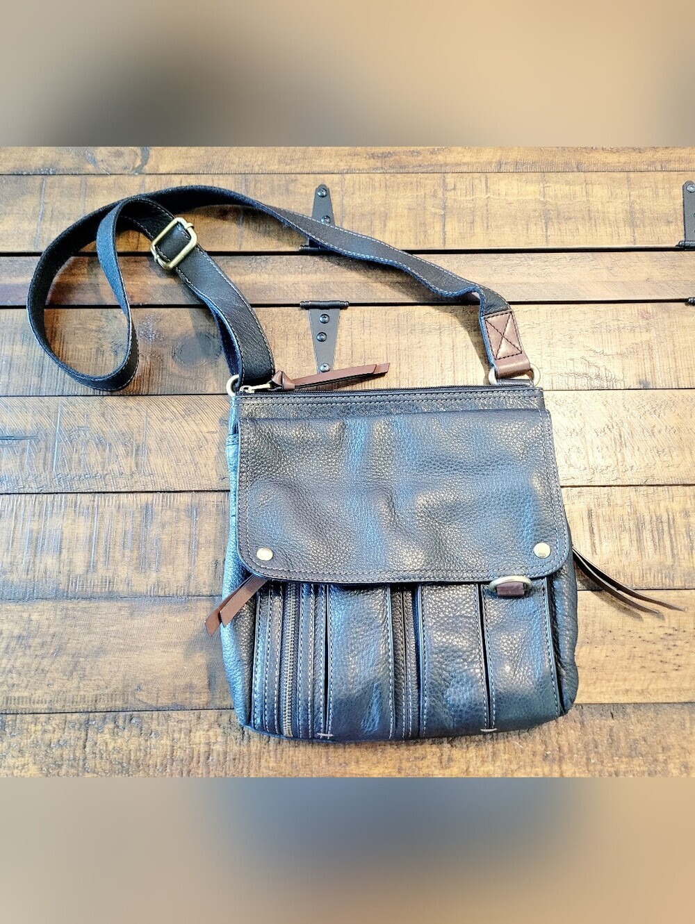 Fossil Black Pebbled Leather Crossbody Morgan Messenger Bag Flap Purse